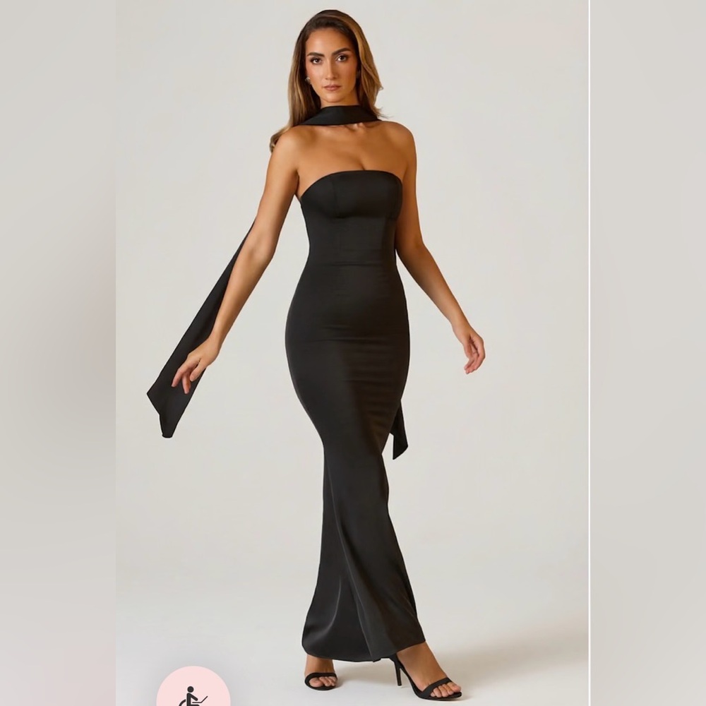 Mandi Scarf-Detail Strapless Gown in Black